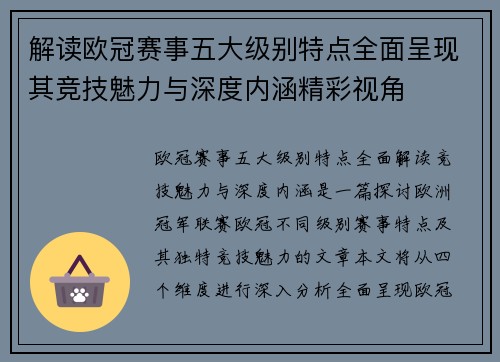 解读欧冠赛事五大级别特点全面呈现其竞技魅力与深度内涵精彩视角