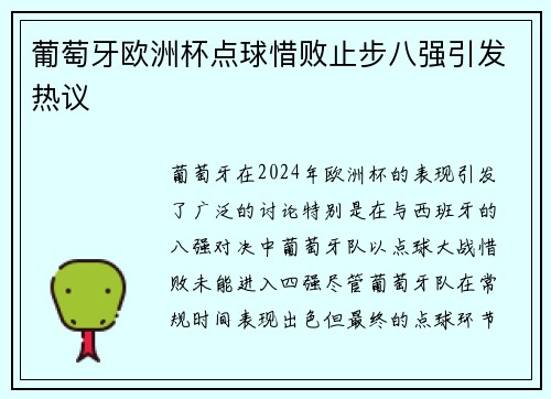 葡萄牙欧洲杯点球惜败止步八强引发热议