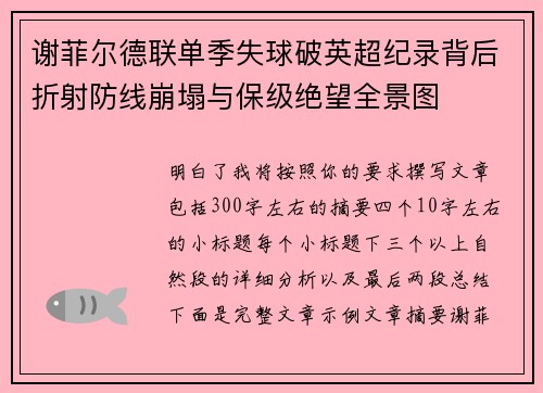 谢菲尔德联单季失球破英超纪录背后折射防线崩塌与保级绝望全景图
